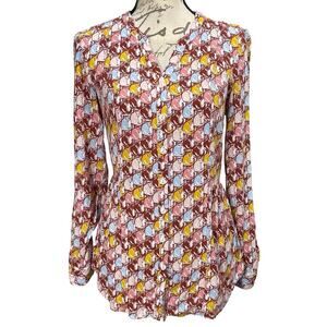 ModCloth Women's Cat Print Button Up Top Cinched Tie Back Size Small 100% Rayon